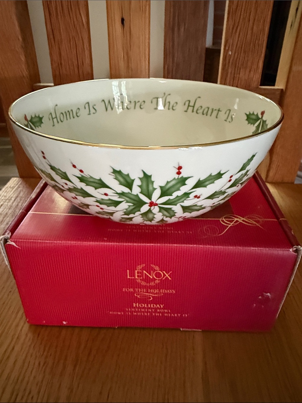 Lenox Holiday Holly Ceramic Serving Bowl - White, Green & Red with Gold Trim